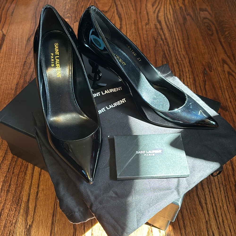 Saint Laurent Opyum Pumps in Black Patent Leather Logo Heel Pointed Toe NWT 37 - Picture 2 of 13